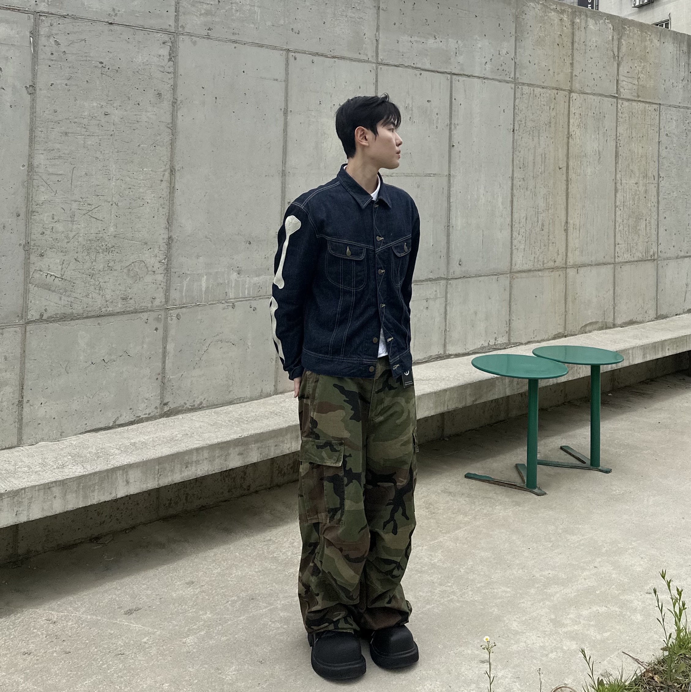 Kapital 11.5 oz. Denim Mexican Tuxedo Westerner Bone Jacket Indigo, Balenciaga Steroid Derby Black 착용 스타일 - 1