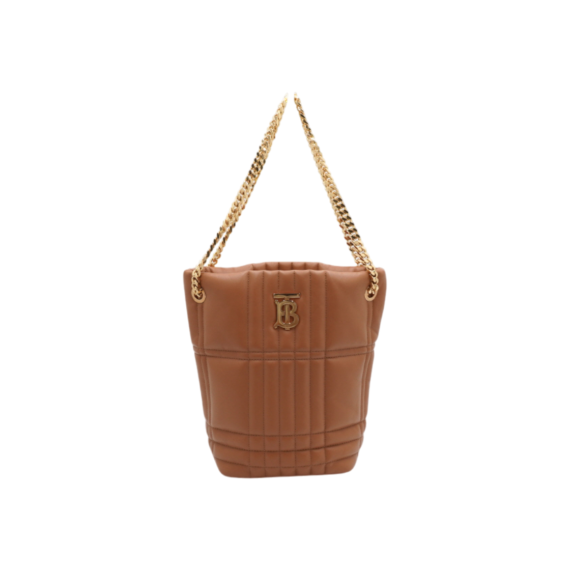 ITU9CRSA5NGV Burberry Quilted TB Rolla Bucket Bag in Maple Brown with Gold Chain Shoulder Strap