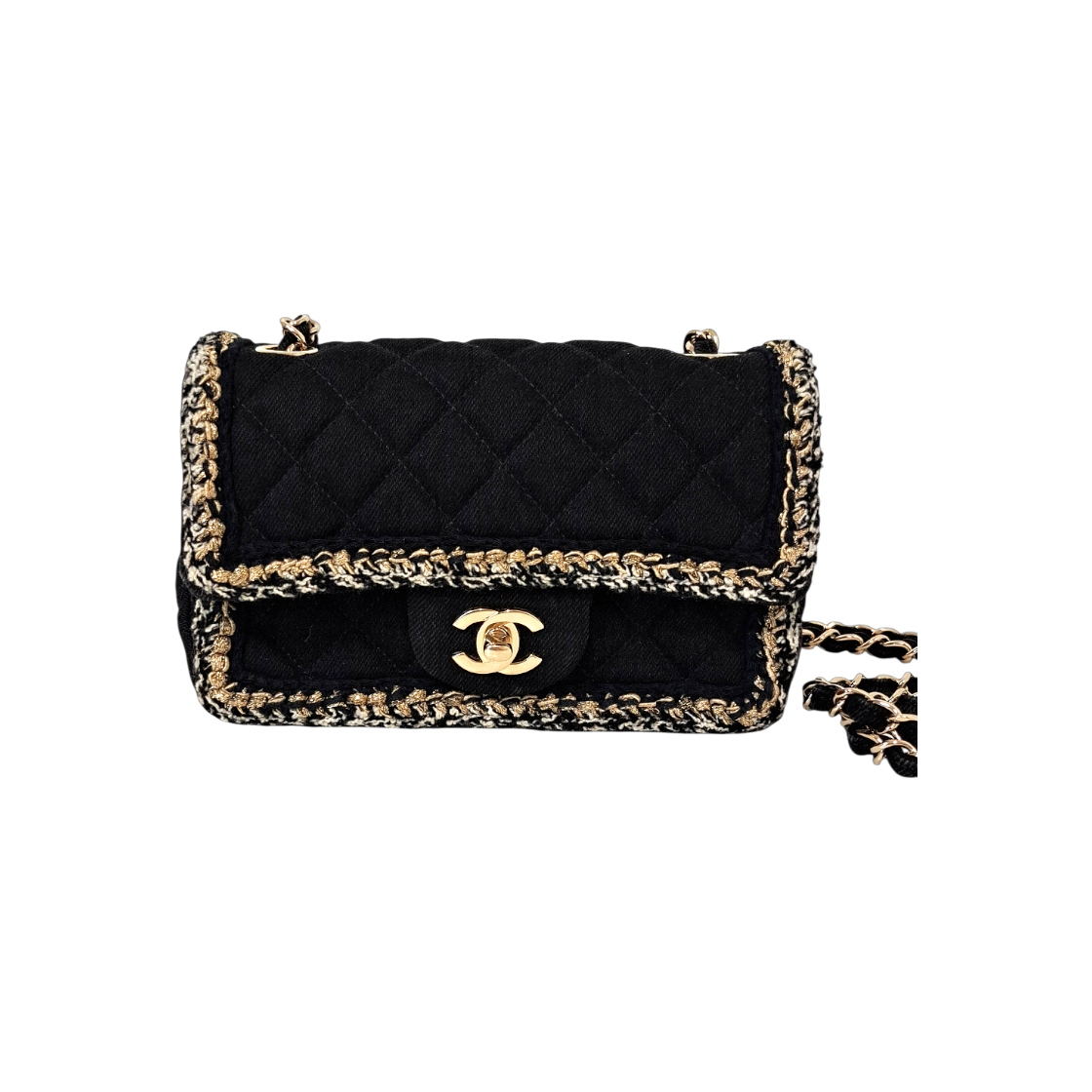 ITM5HLDNJWSK Chanel Classic Tweed Trim Black Denim Flap Bag