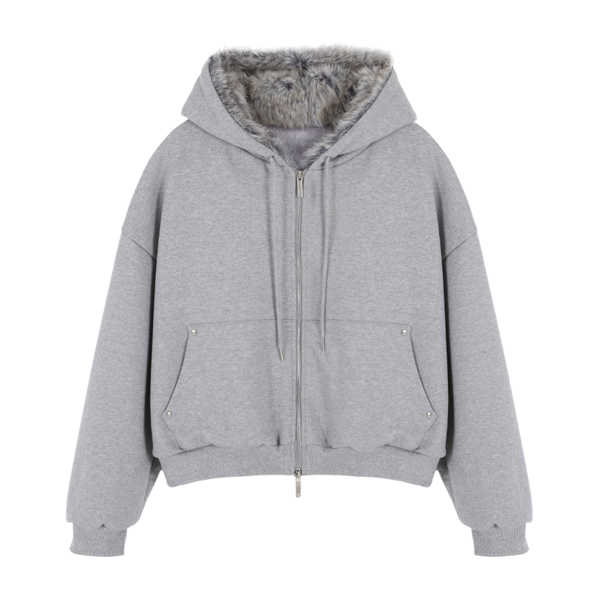 A25FWTS48MG0F Asura Teddy Fur Hood Zip Up Melange Grey