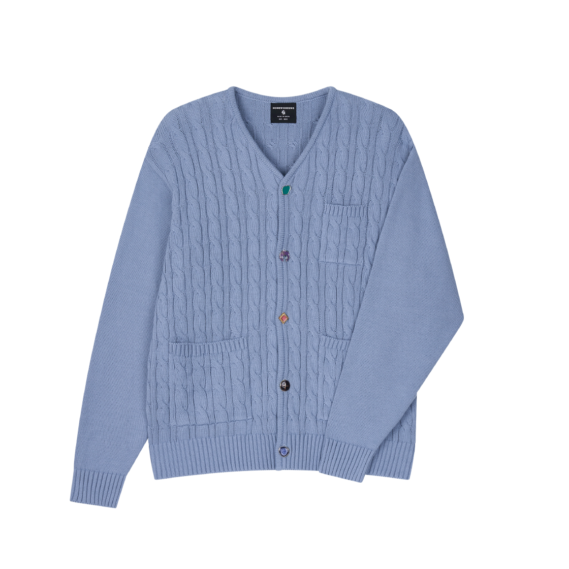 홍우성 루즈핏 주얼리 버튼 가디건 스카이블루(Hongwoosung Loose Fit Jewelry Button Cardigan Sky Blue)