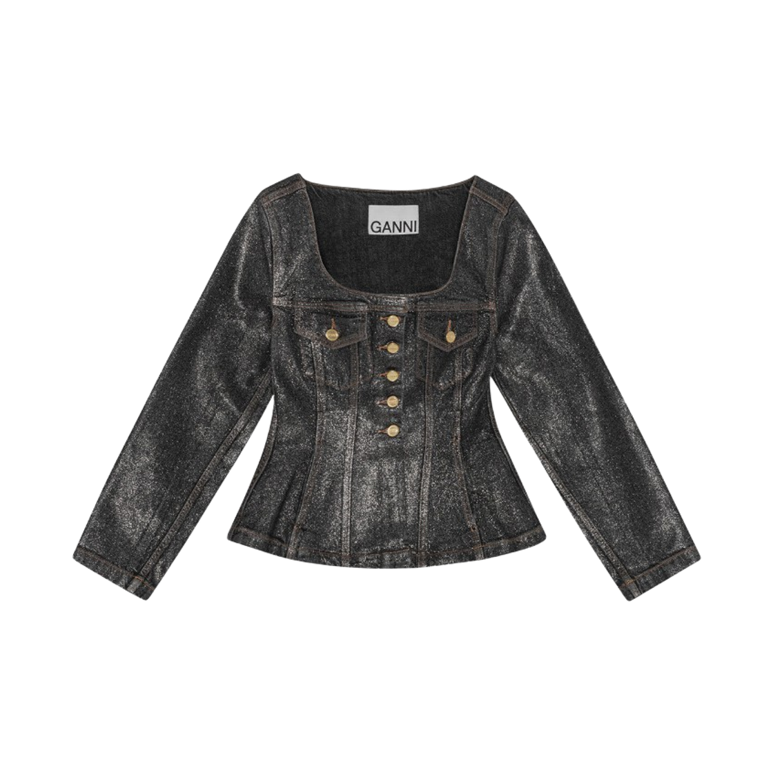 J1801-006 (W) Ganni Shimmery Foil Denim Blazer Washed Black Black