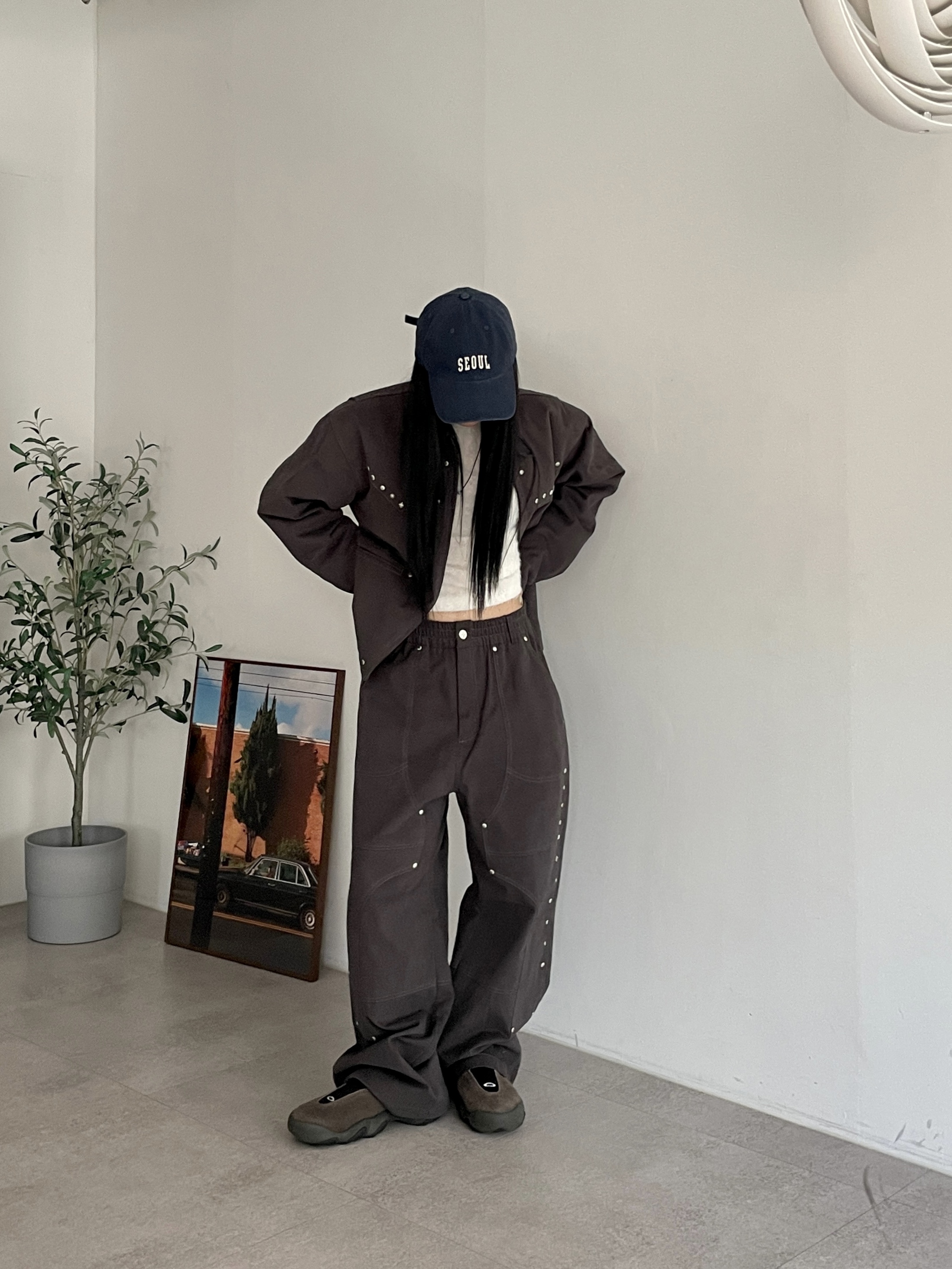 Riomeu Western Twill Washed Work Jacket Brown, Riomeu Double knee Western Twill Cotton Pants Brown 착용 스타일