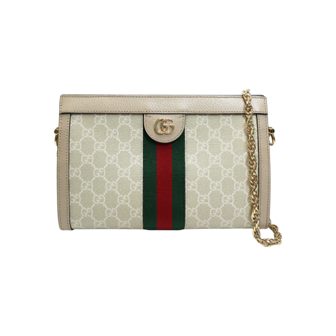 ITG3J3DNBADO Gucci Beige White GG Supreme Canvas Web Gold Chain Ophidia Small Shoulder Bag