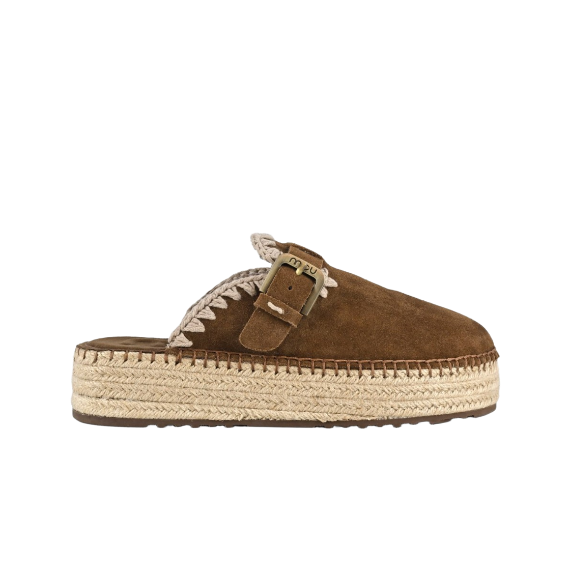 (W) 모우 플레인 스웨이드 주트 클로그 넛 브라운 레더((W) Mou Jute Clog Plain Suede Nut Brown Leather)