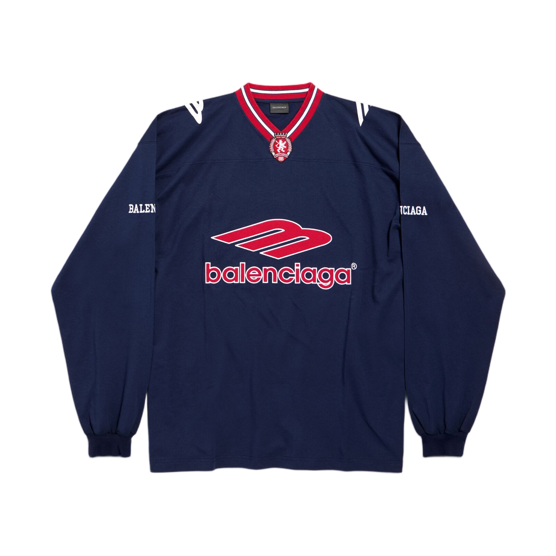 857085TTVQ64030 Balenciaga 3B Football Long Sleeve V-Neck T-Shirt Dark Navy Red