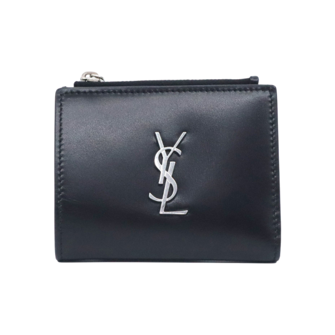 ITF5URSUV2WG Saint Laurent Black Leather Monogram Silver-Zip Wallet