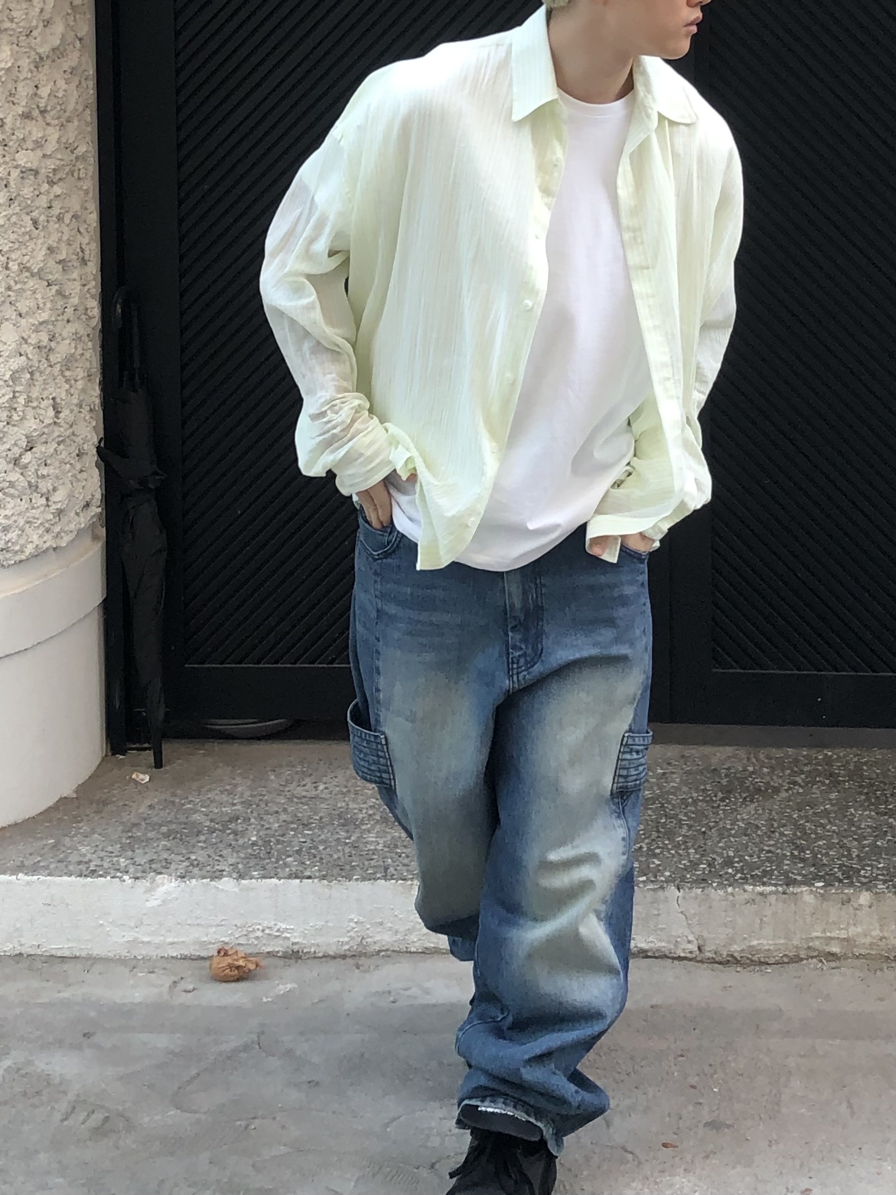 Nonnod Flexible String Pleats Shirt Yellow Stripe 착용 스타일 - 3