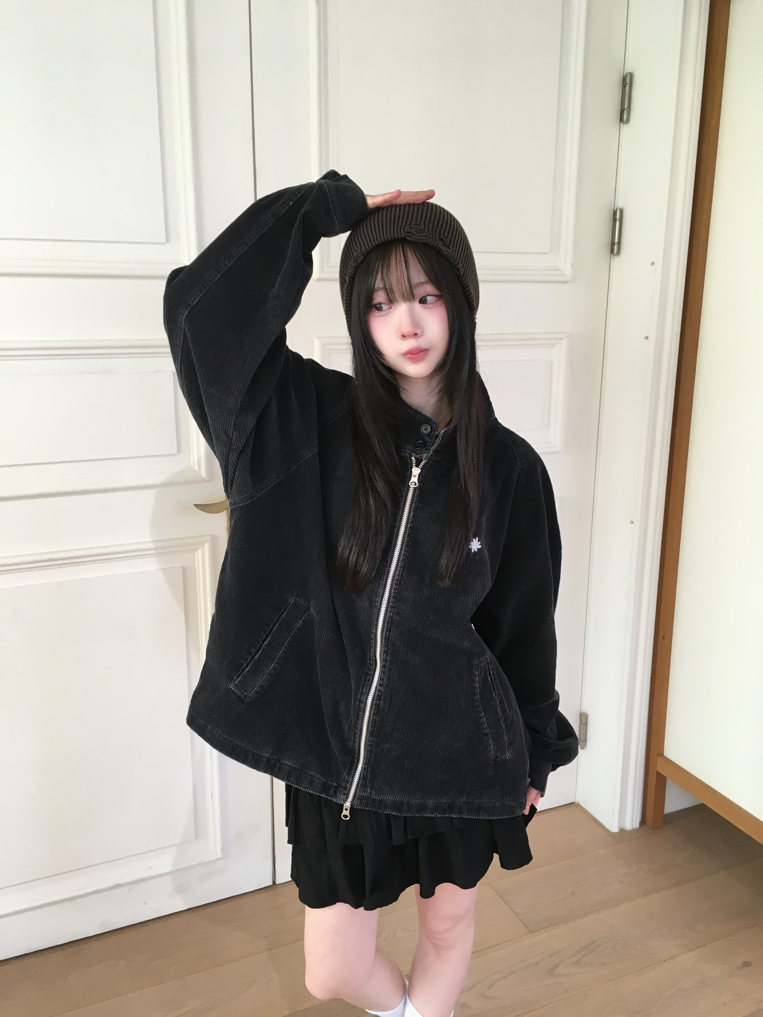 SLOW RECORD HOUSE Vintage Corduroy Harrington Jacket Charcoal 착용 스타일 - 2
