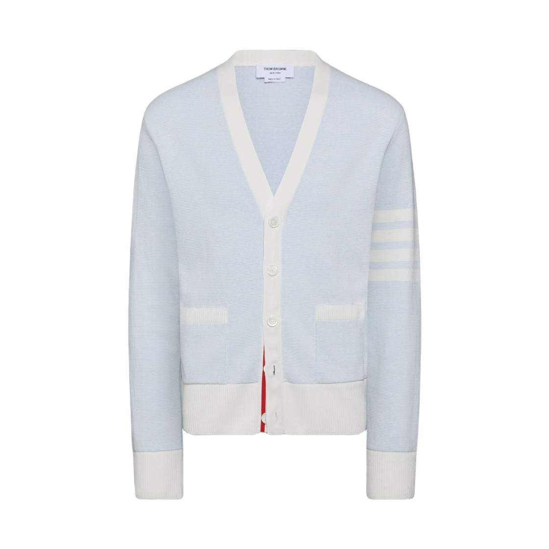 MKC595A-Y6011-480 Thom Browne Textured Striped Stitch 4-Bar Relaxed Fit V Neck Cardigan Light Blue