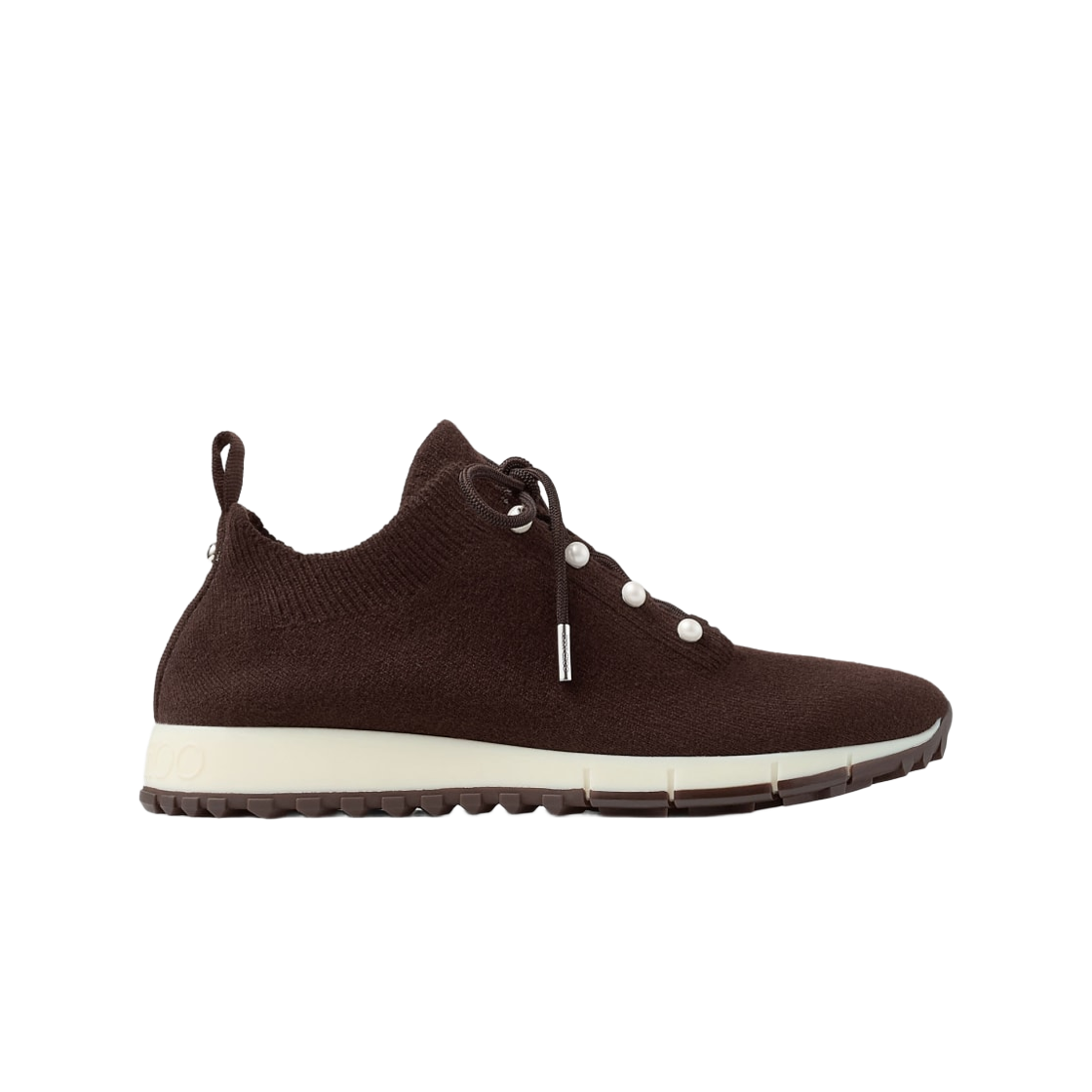 (W) 지미추 벨레스 캐시미어 멜란지 니트 펄 버튼 트레이너 초콜릿((W) Jimmy Choo Veles Cashmere Melange Knit Trainers with Pearl Buttons Chocolate)