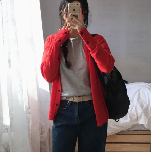 Blue Sunflower Bloom Rems Wool Cardigan Red 착용 스타일 - 2