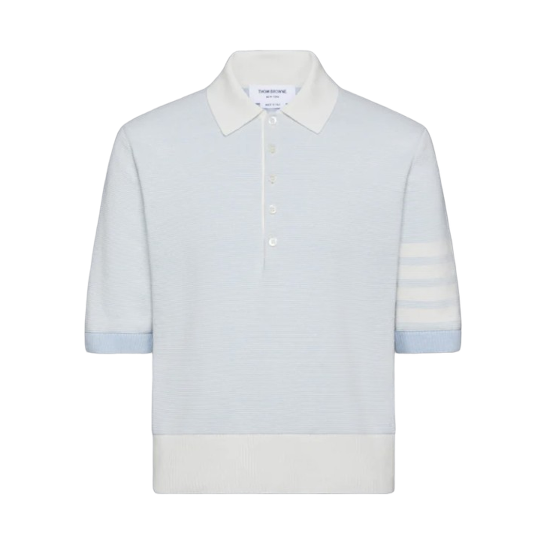 MKP146A-Y6011-480 Thom Browne Textured Stripe Stitch 4-Bar Relaxed Fit Polo Light Blue