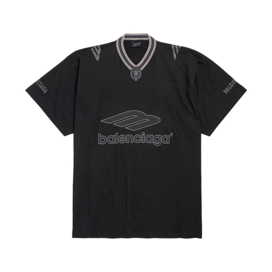 발렌시아가 3B 풋볼 브이넥 티셔츠 오버사이즈 블랙 앤트러사이트