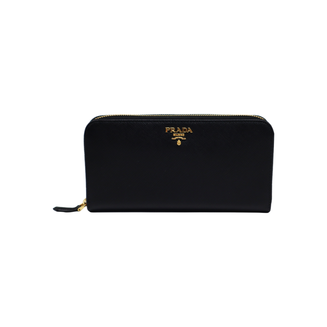 ITHCFJGIQG4A Prada 1ML506 Black Saffiano Leather Gold Logo Zip Wallet