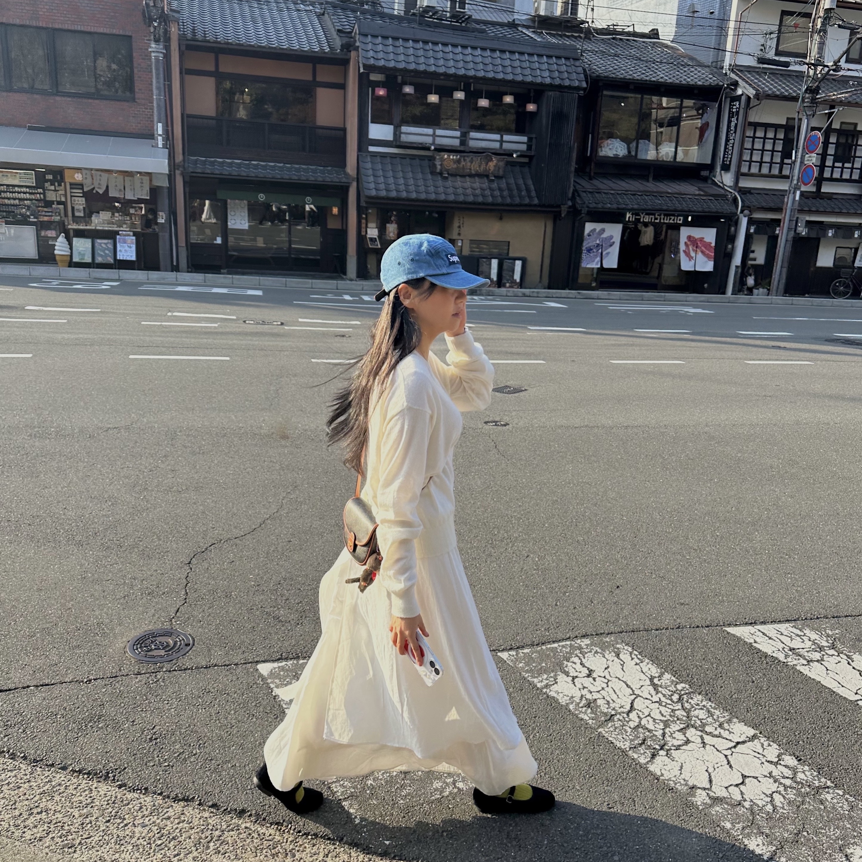 Celine Mini Besace in Triomphe Canvas and Calfskin Tan, Supreme Washed Chino Twill Camp Cap Denim - 24FW 착용 스타일 - 1