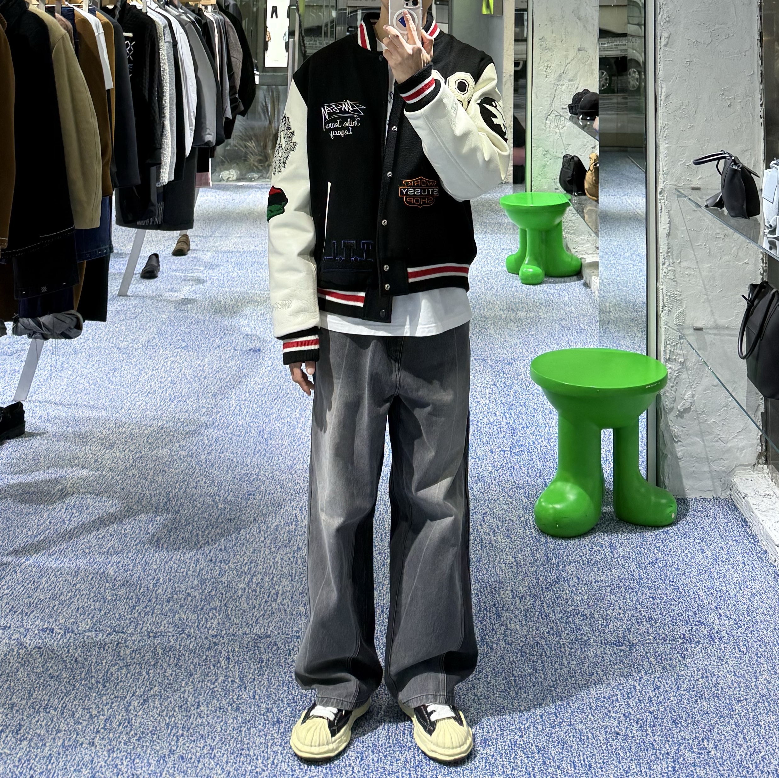 Stussy x Our Legacy x Denim Tears TTL Varsity Jacket Black 착용 스타일