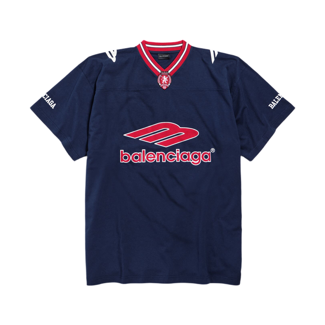 857086TTVQ64030 Balenciaga 3B Football V-Neck T-Shirt Oversized Dark Navy Red