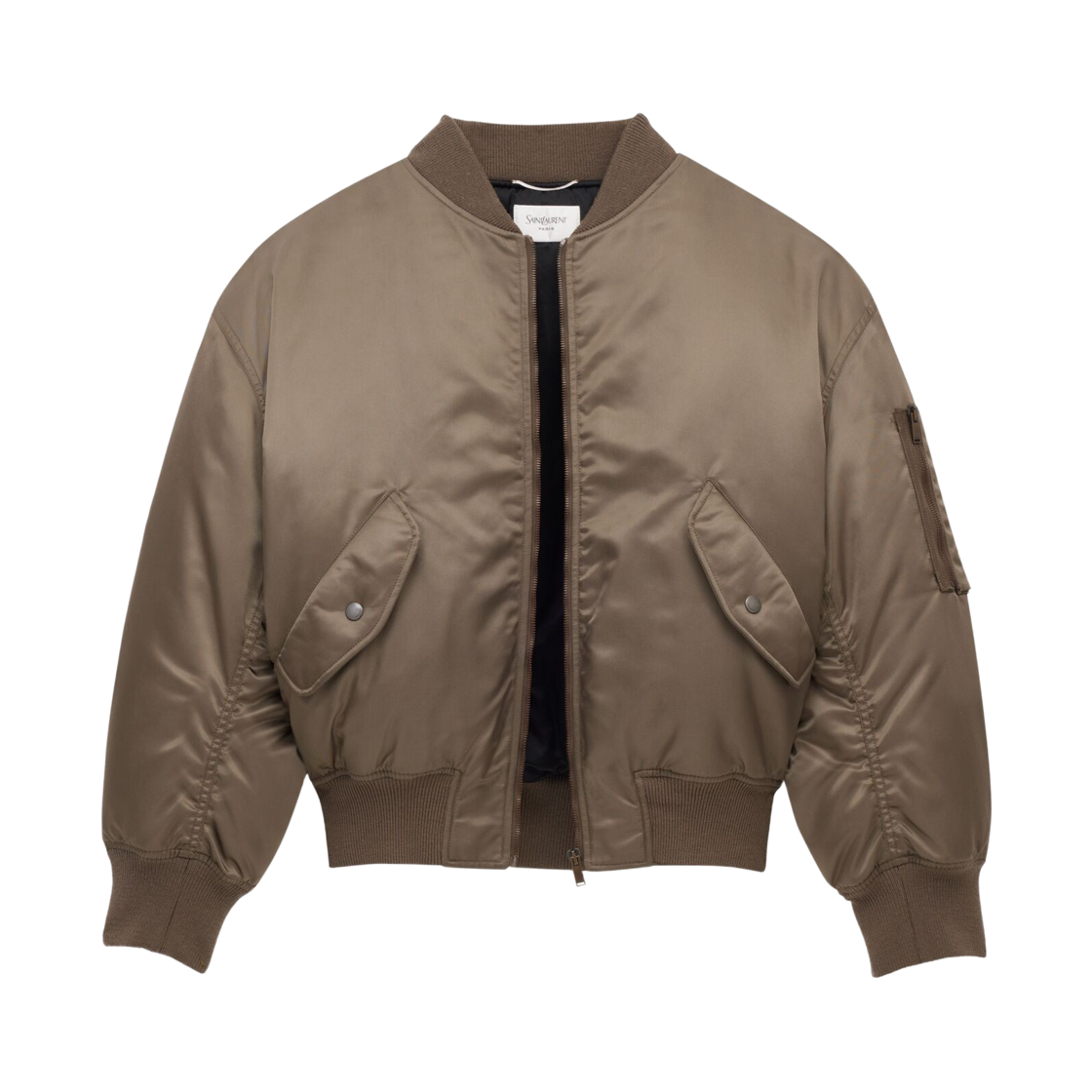 838713-YZ9BV-2879 Saint Laurent Bomber Jacket in Water-Repellent Nylon Serge Taupe Kaki