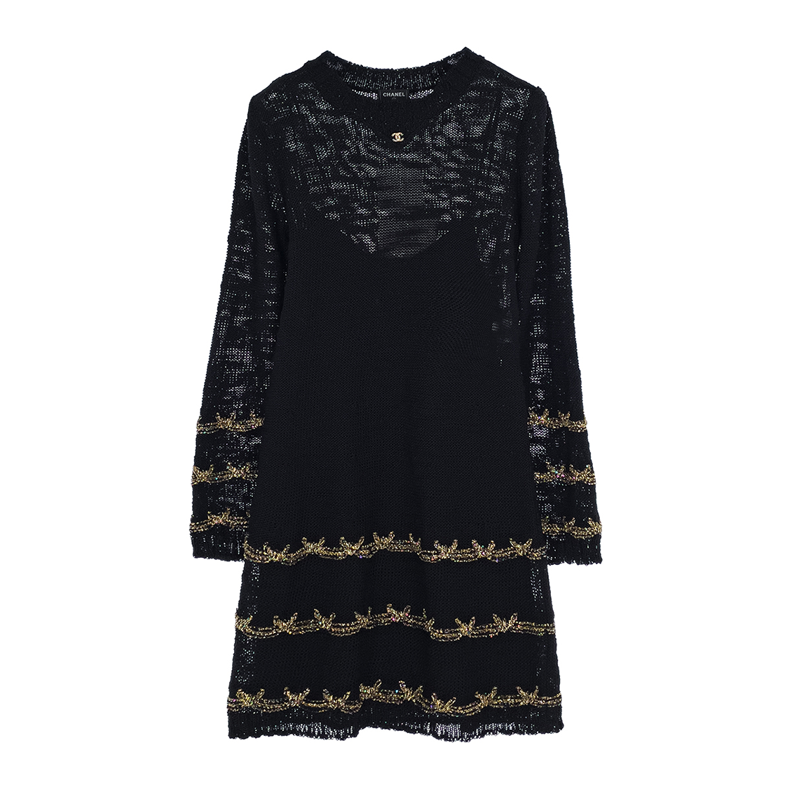 ITDVQI88RMSW Chanel 25A Atelier Collection Crochet Dress 36 Black/Gold (5ET1909)