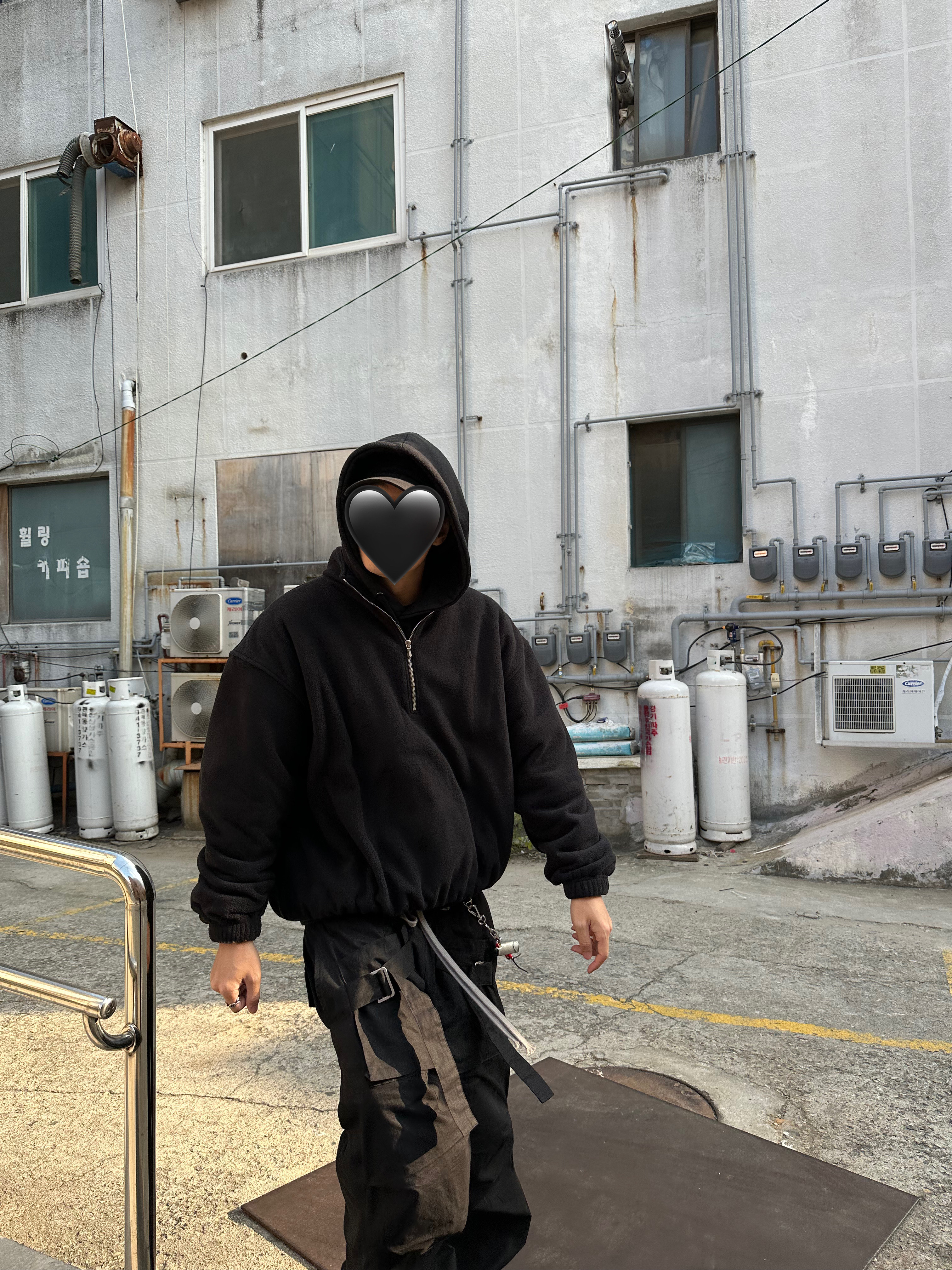 [예약 배송] Nonnod Half zip fleece Black, Wapworks Wide Safety Cargo Pants Black 착용 스타일 - 3