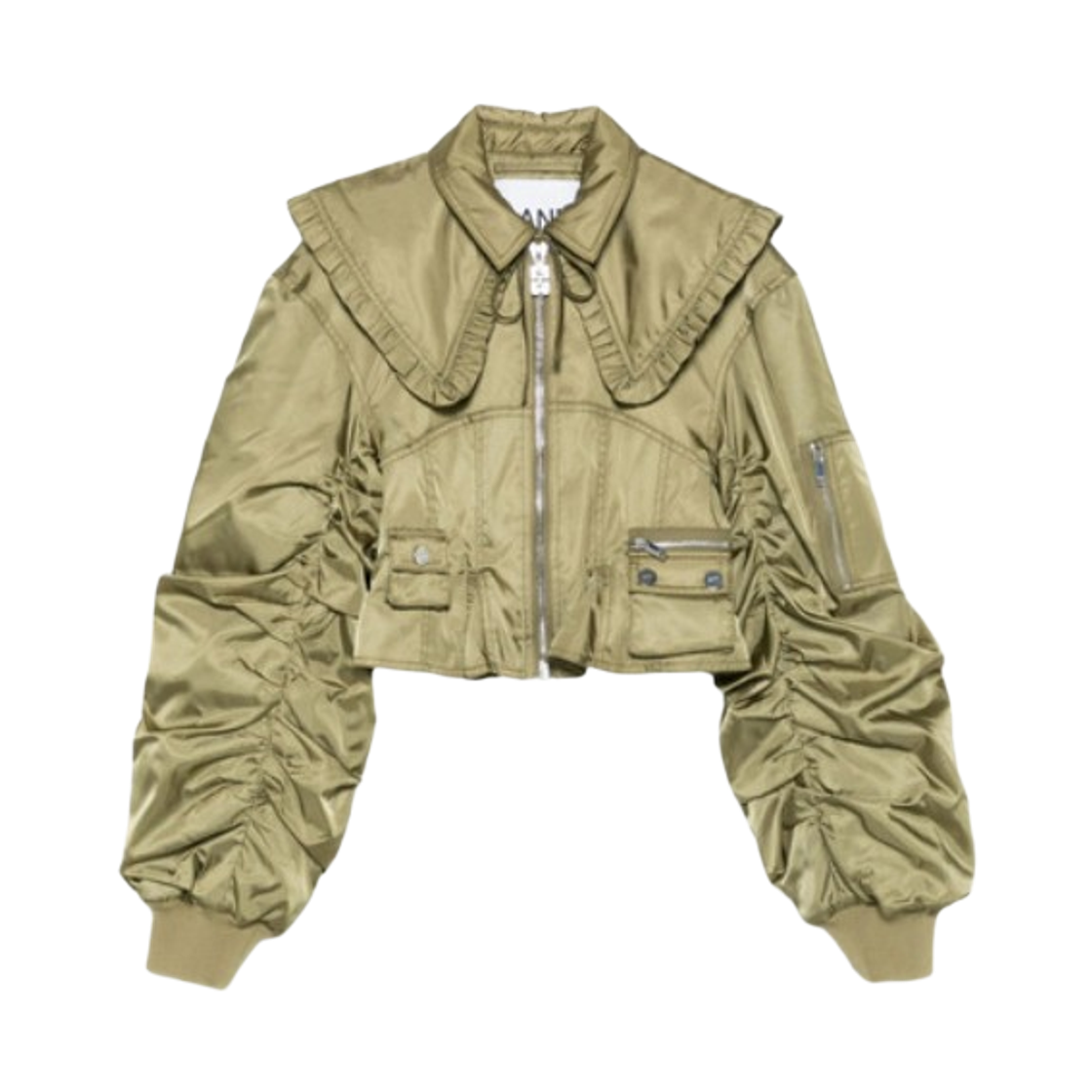 (W) 가니 크롭 봄버 자켓 라이트 올리브 그린((W) Ganni Cropped Bomber Jacket Light Olive Green)