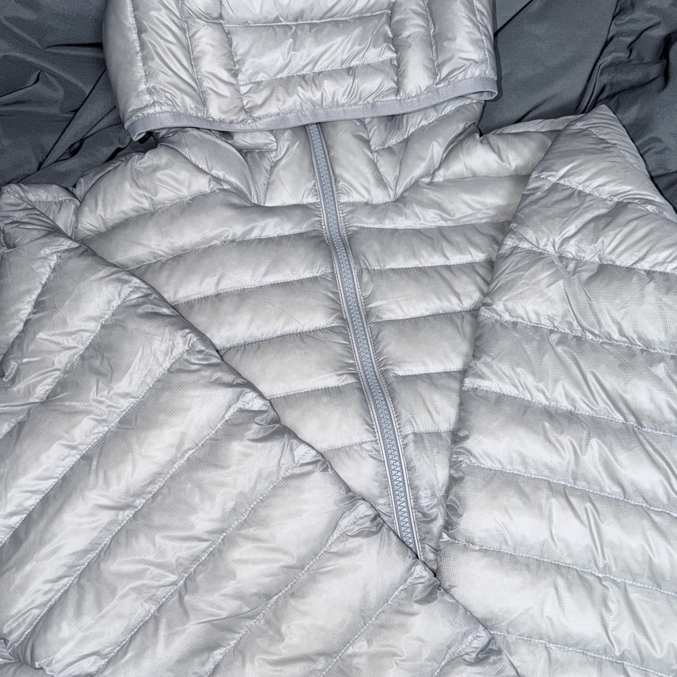 Musinsa Standard City Leisure Sheer Ripstop Hooded Light Down Jacket Cloudy Blue 착용 스타일