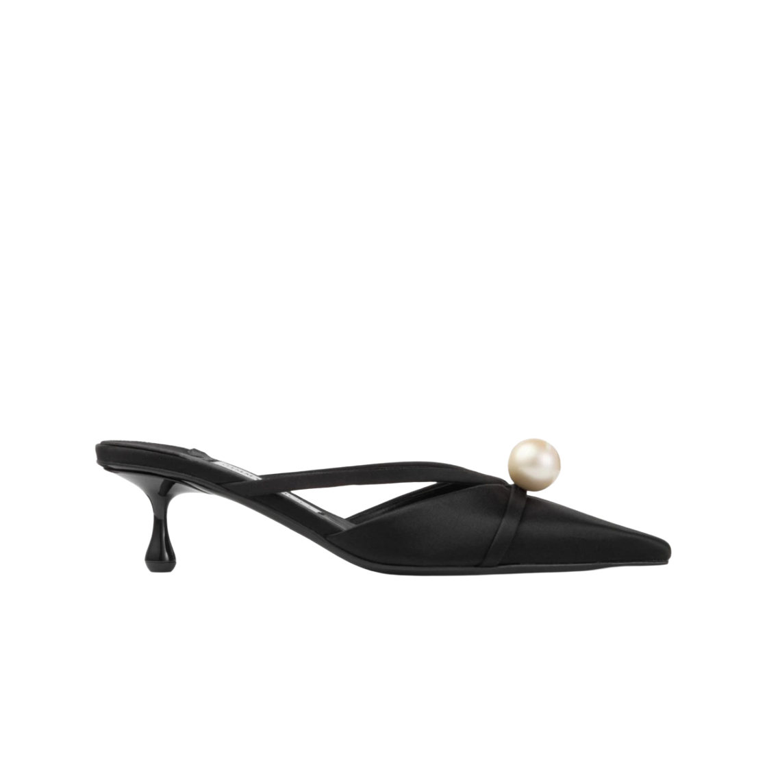 (W) 지미추 사나 50 펄 데코레이티드 디테일 사틴 뮬 블랙 화이트((W) Jimmy Choo Sana 50 Pearl-Decorated Detail Satin Mules Black White)