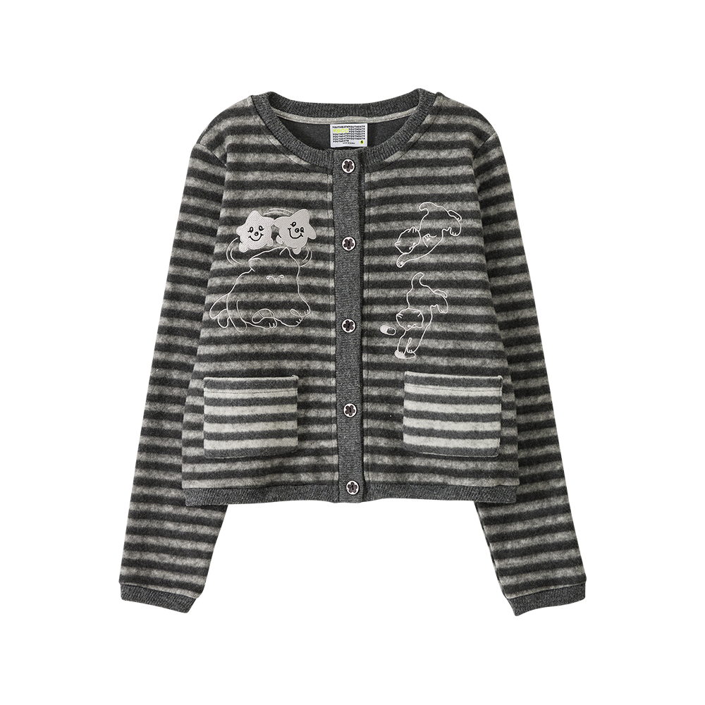 유쓰배쓰 캣 그래픽 스트라이프 가디건_차콜(YOUTHBATH Cat Graphic Striped Cardigan_Charcoal)