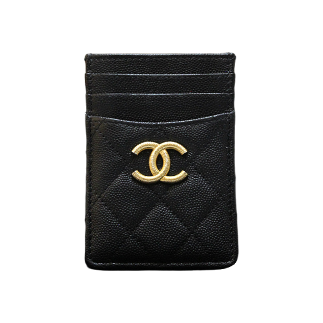 ITPCH3R6TCTP Chanel CC Logo Caviar Black Gold Trim 3-Fold Card Wallet AP3527