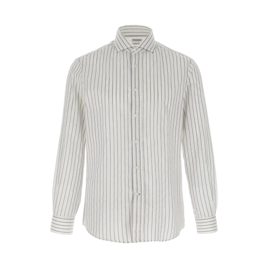 MM6360627-C016 Brunello Cucinelli Textured Striped Cotton Easy Fit Shirt with Spread Collar White