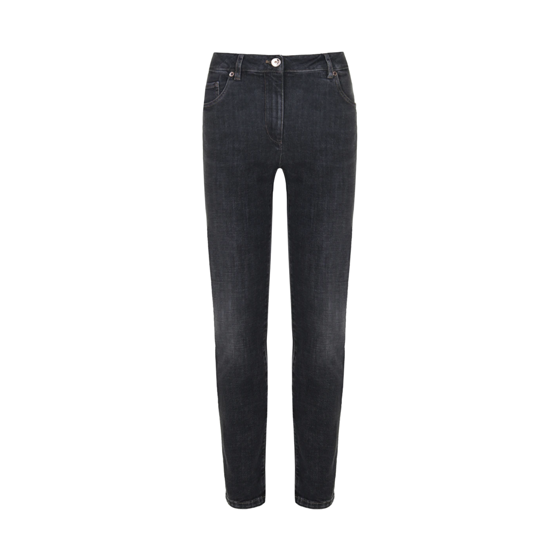 MB065P5679-C8341 (W) Brunello Cucinelli Stretch Denim Slim Five Pocket Trousers with Shiny Leather Tab Dark Grey