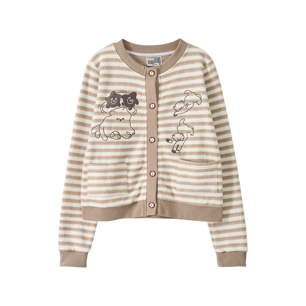 25FW2CD02 YOUTHBATH Cat Graphic Striped Cardigan_Beige