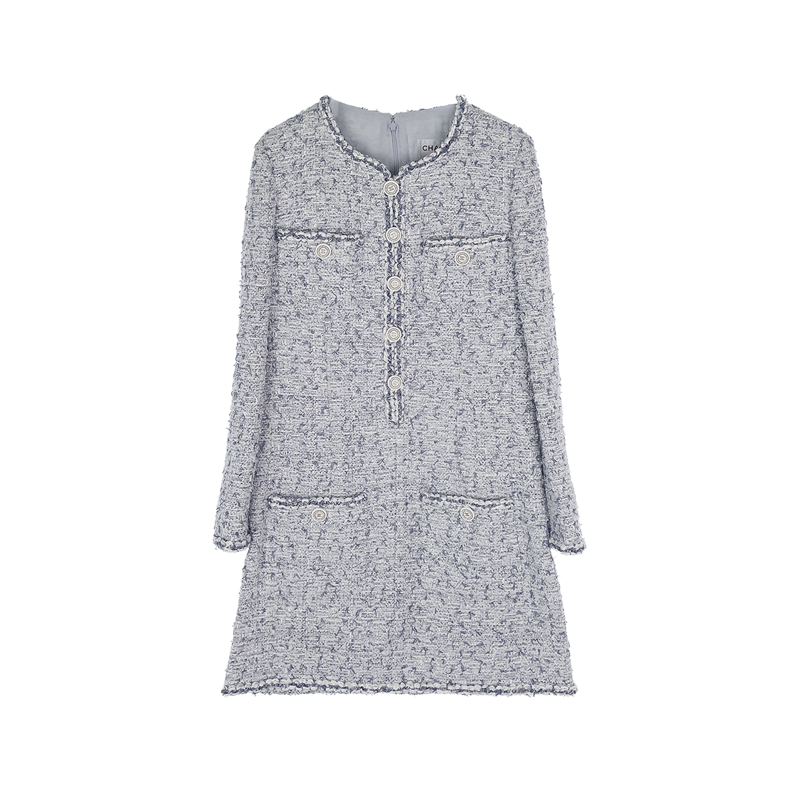ITFNVDIU48NA Chanel 19C 4-Pocket Long Sleeve Tweed Dress 36 Light Blue (5ET1916)