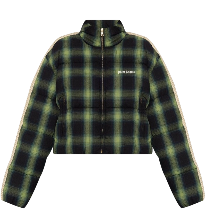 팜엔젤스 로고 체크 크롭 트랙 다운 재킷 - 그린(Palm Angels Logo Check Crop Track Down Jkt - Green)