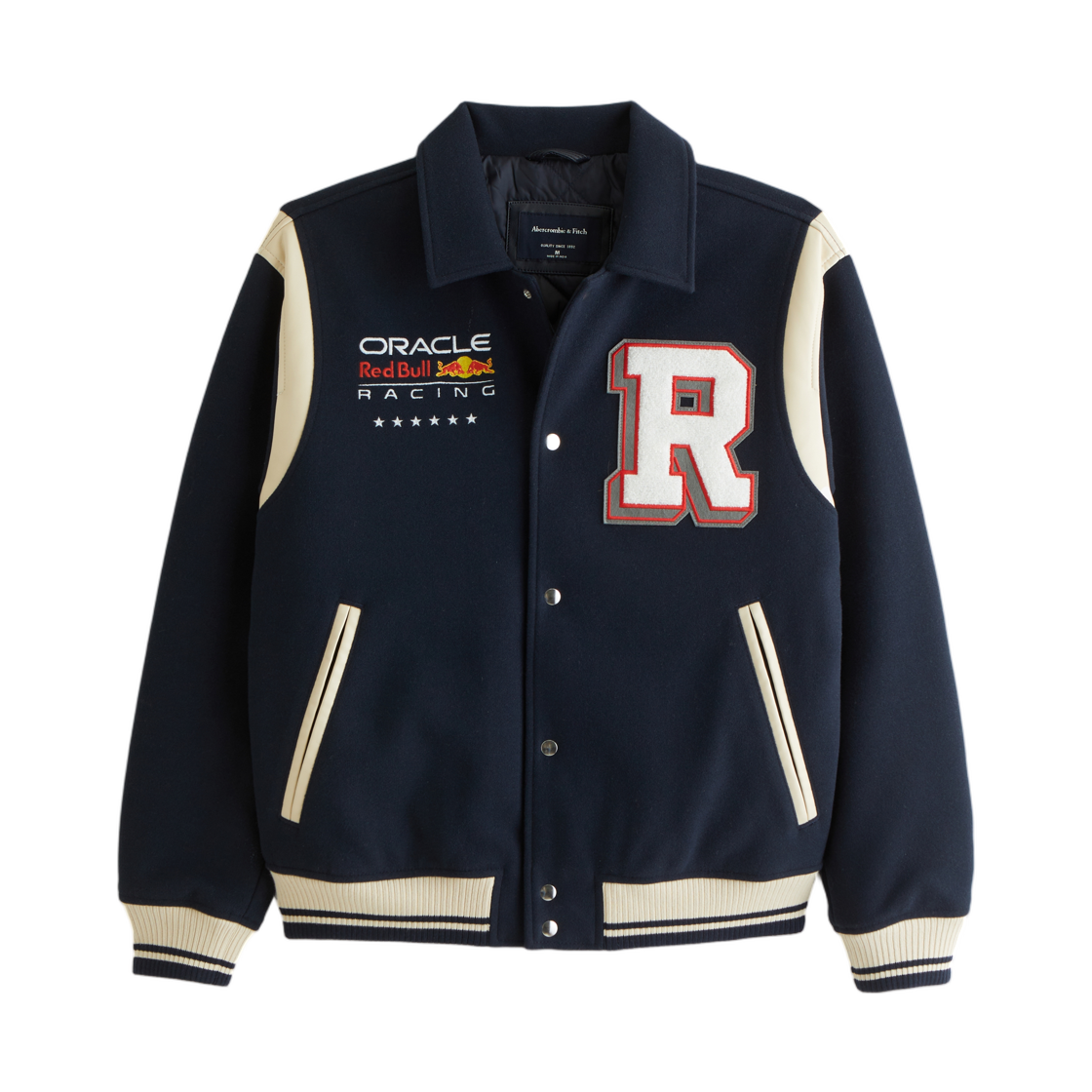 레드 불 레이싱 x 아베크롬비 앤 피치 바시티 봄버 자켓 딥 네이비 패턴(Red Bull Racing x Abercrombie & Fitch Varsity Bomber Jacket Deep Navy Pattern)