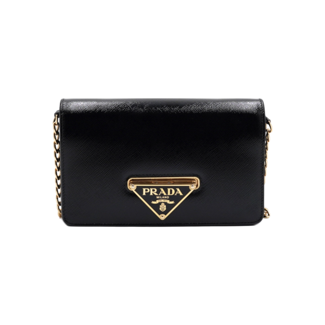 ITBELWK8PDM7 Prada Black Patent Triangle Lock Shoulder & Crossbody Bag with Gold Chain
