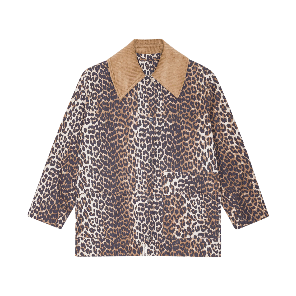 W0391-859 (W) Ganni Leopard Printed Canvas Midi Jacket Almond Milk