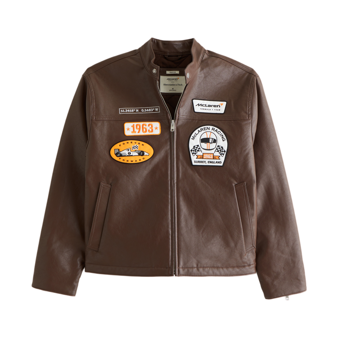 맥라렌 레이싱 x 아베크롬비 앤 피치 비건 레더 레이서 자켓 브라운 패턴(McLaren Racing x Abercrombie & Fitch Vegan Leather Racer Jacket Brown Pattern) - 1