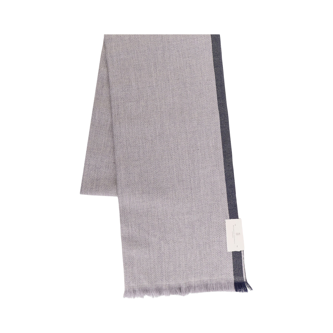 MSC665OR-CH028 Brunello Cucinelli Wool and Cashmere Diagonal Scarf with Striped Edge Pearl Grey