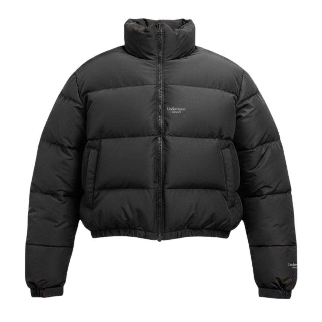 Undermycar Mu.15 Anti Fxxking Logo Play Triple Logo Crop Padding Jacket Black 착용 스타일