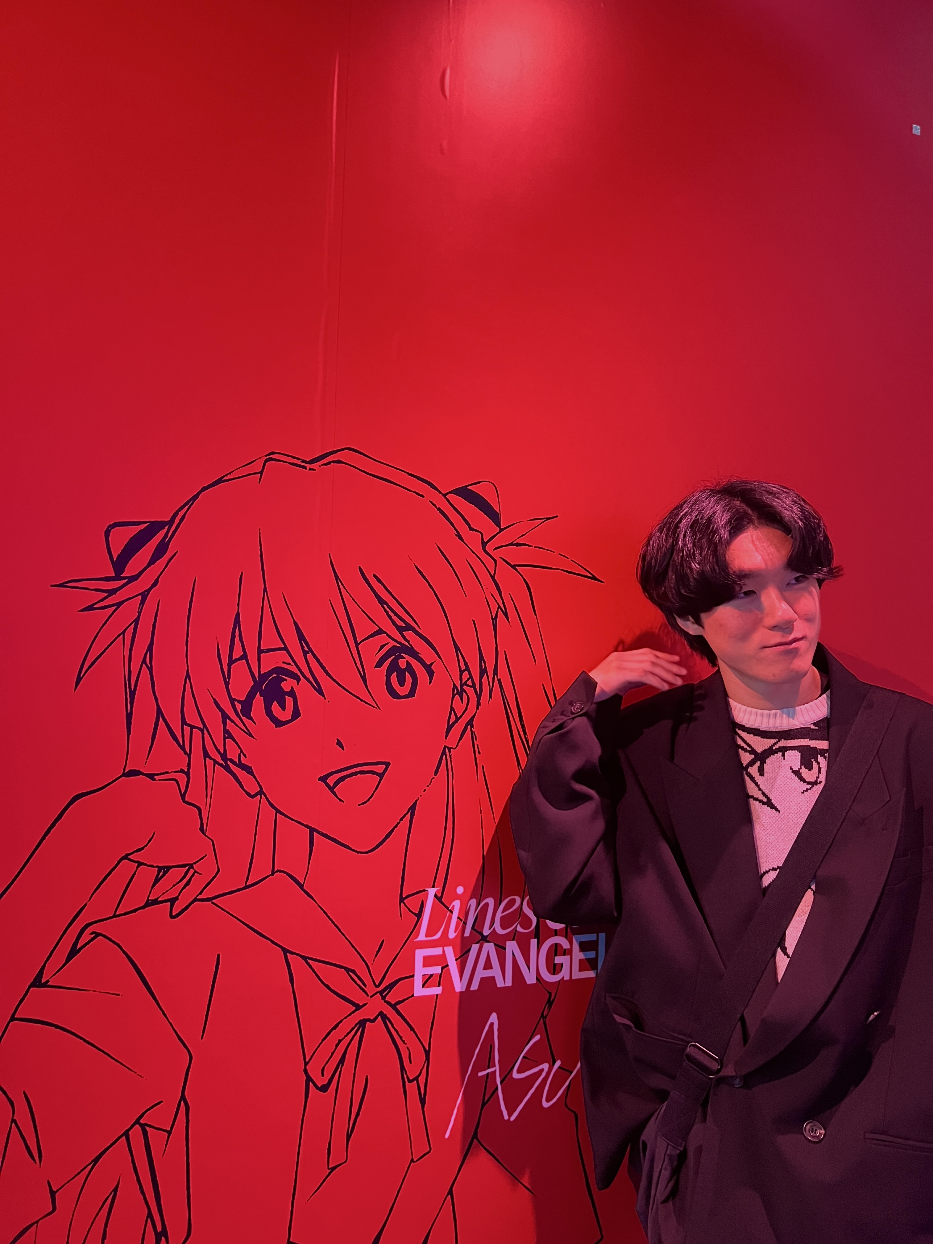 Mahagrid x Evangelion Asuka Jacquard Knit Ivory, Uniqlo U Drawstring Shoulder Bag Black 착용 스타일 - 3