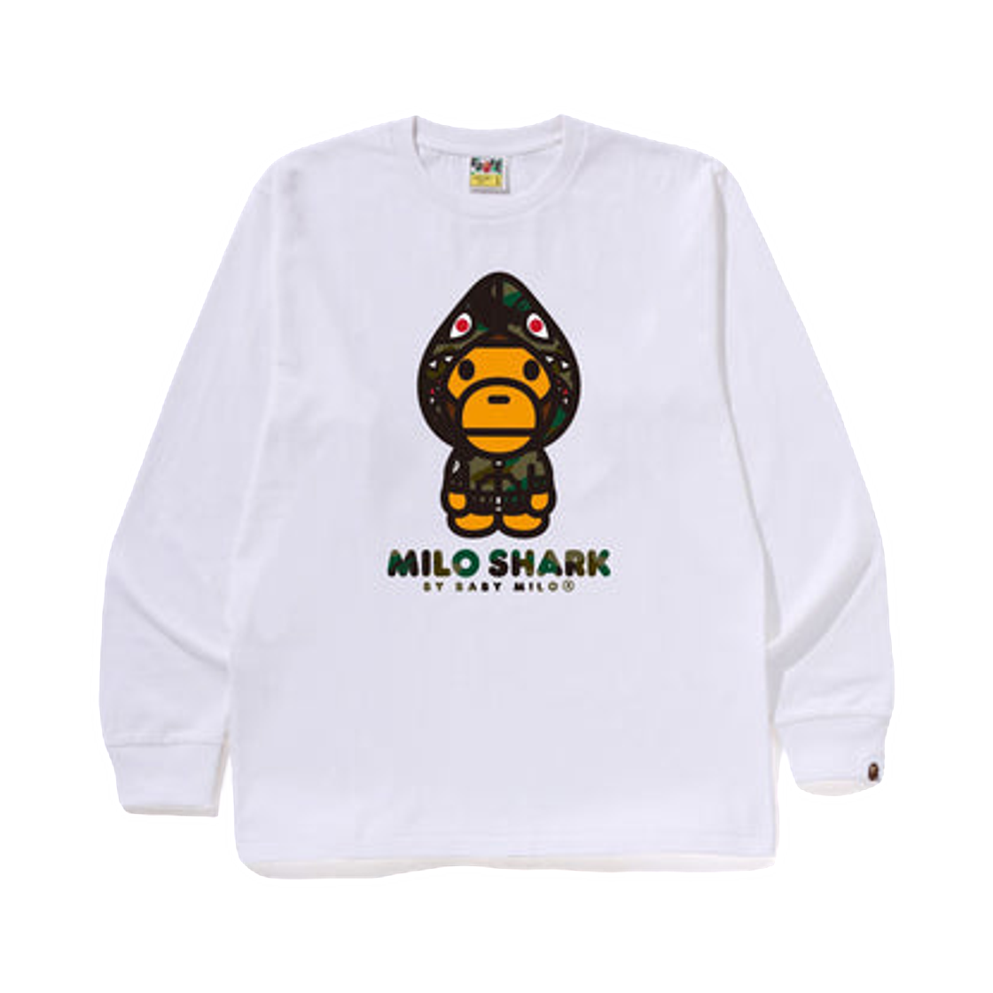 베이프 퍼스트 카모 마일로 샤크 FZH 롱슬리브 티셔츠 화이트 그린(BAPE 1st Camo Milo Shark FZH L/S T-Shirt White Green)