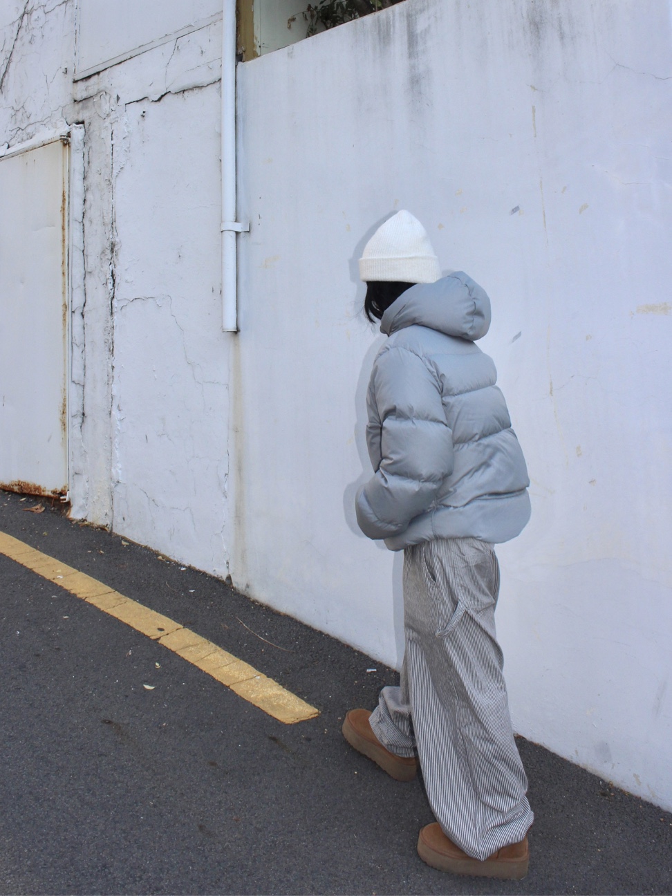 QT8 GARMENTS Duck Down Heavyweight Hoodie Jacket Greyed Skyblue 착용 스타일 - 9