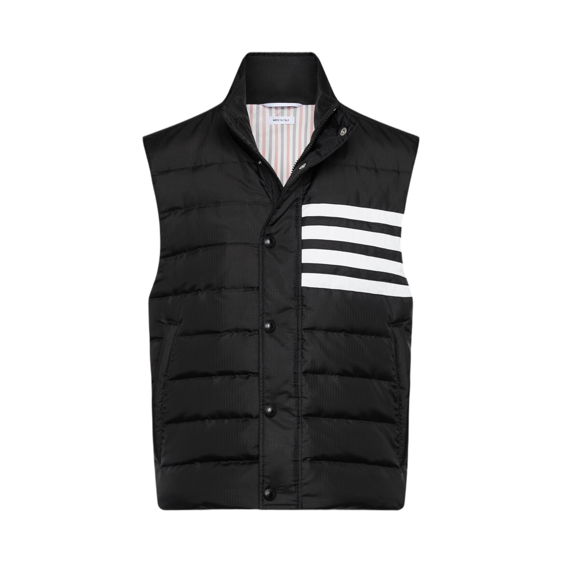 MVD036X-F1095-001 Thom Browne Shiny Ripstop Lightweight Down Filled 4-Bar Vest Black