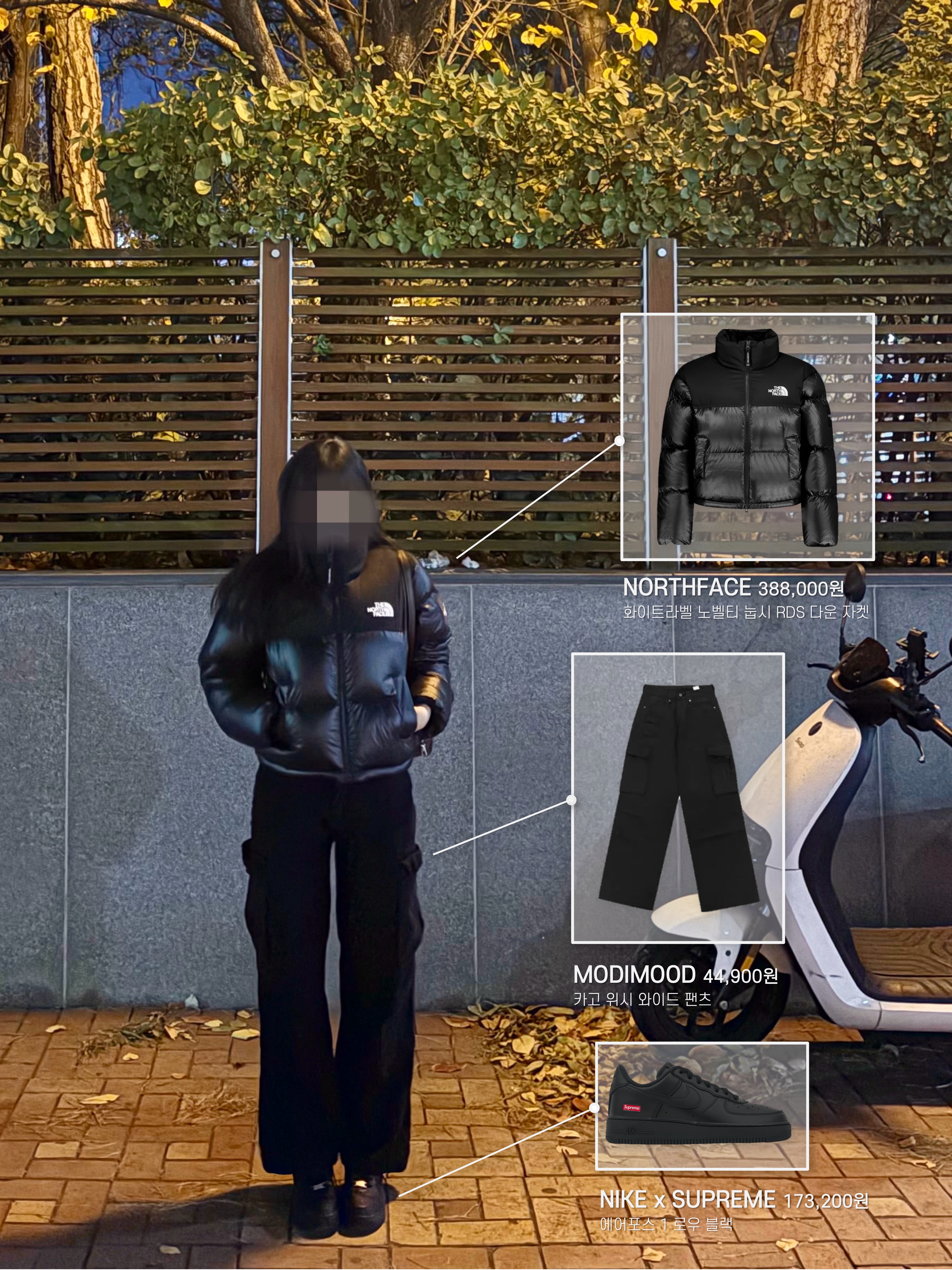 (W) The North Face White Label Novelty Nuptse Down Jacket Black, Nike x Supreme Air Force 1 Low Black 착용 스타일