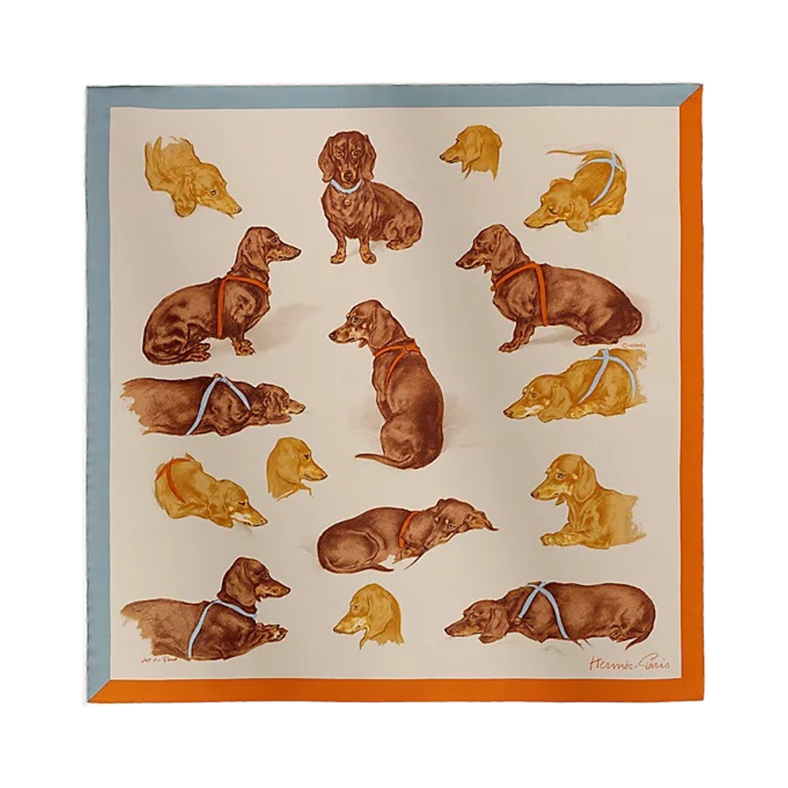 (W) 에르메스 레 바세 스카프 45 베쥬 끌레어 그리 블뢰티 오랑쥬 퀴((W) Hermes Les Bassets Scarf 45 Beige Clair Gris Bleute Orange Cuit) - 1