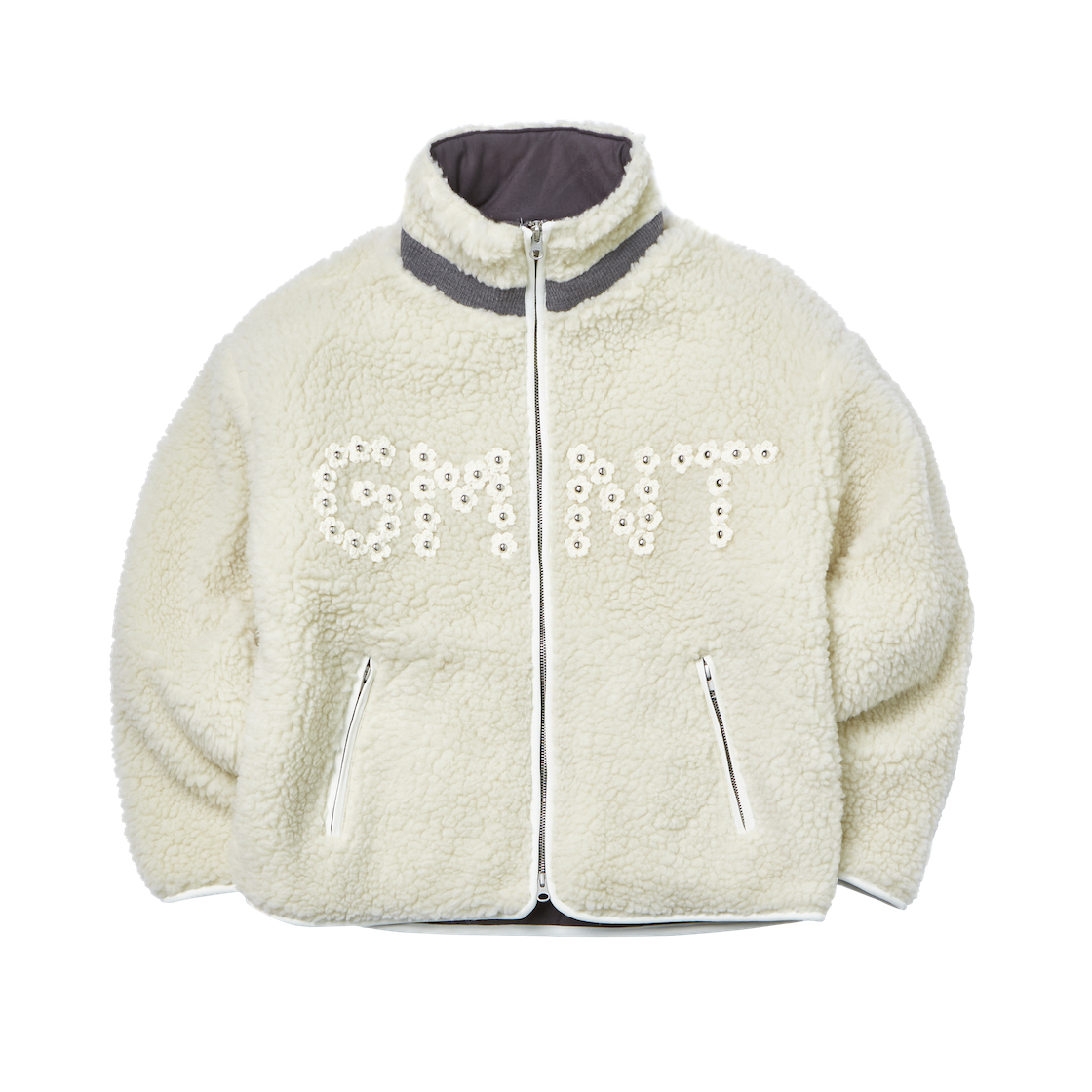 25WTGFJK01CR Garments Fab Flower Crochet Sherpa Jacket Cream