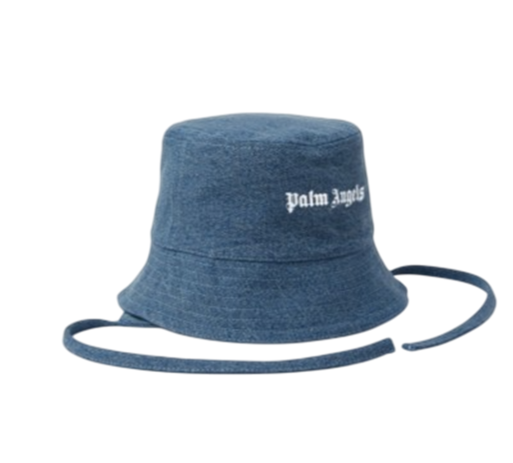 P9Y5BMB37 Palm Angels Logo Stone Denim Earflaps Hat - Blue