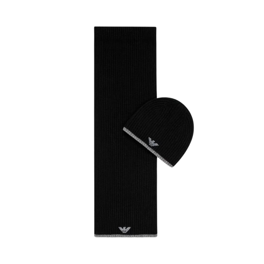 628004CC98400020 Emporio Armani Ribbed Knit Embroidered Logo Scarf and Beanie Set Black
